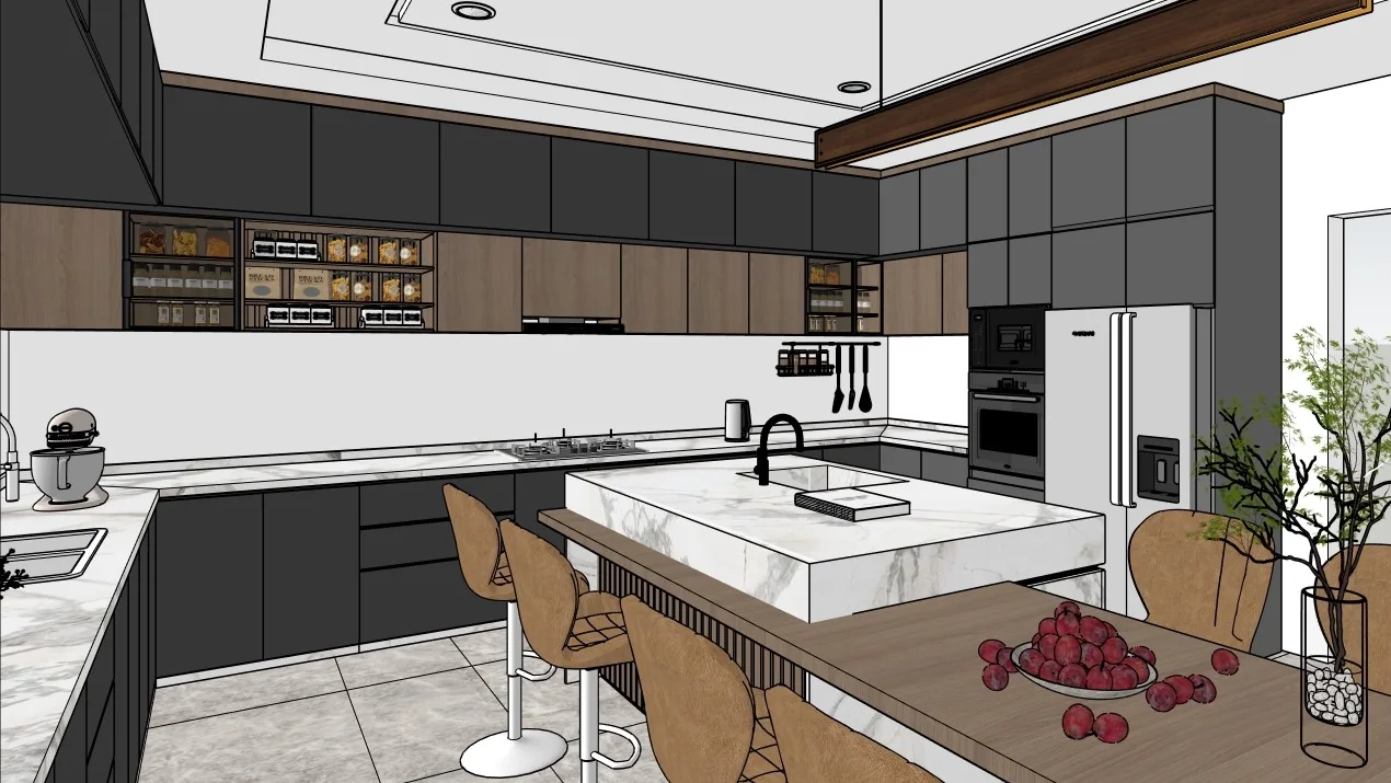 Capture SketchUp de la cuisine noyer et Calacatta